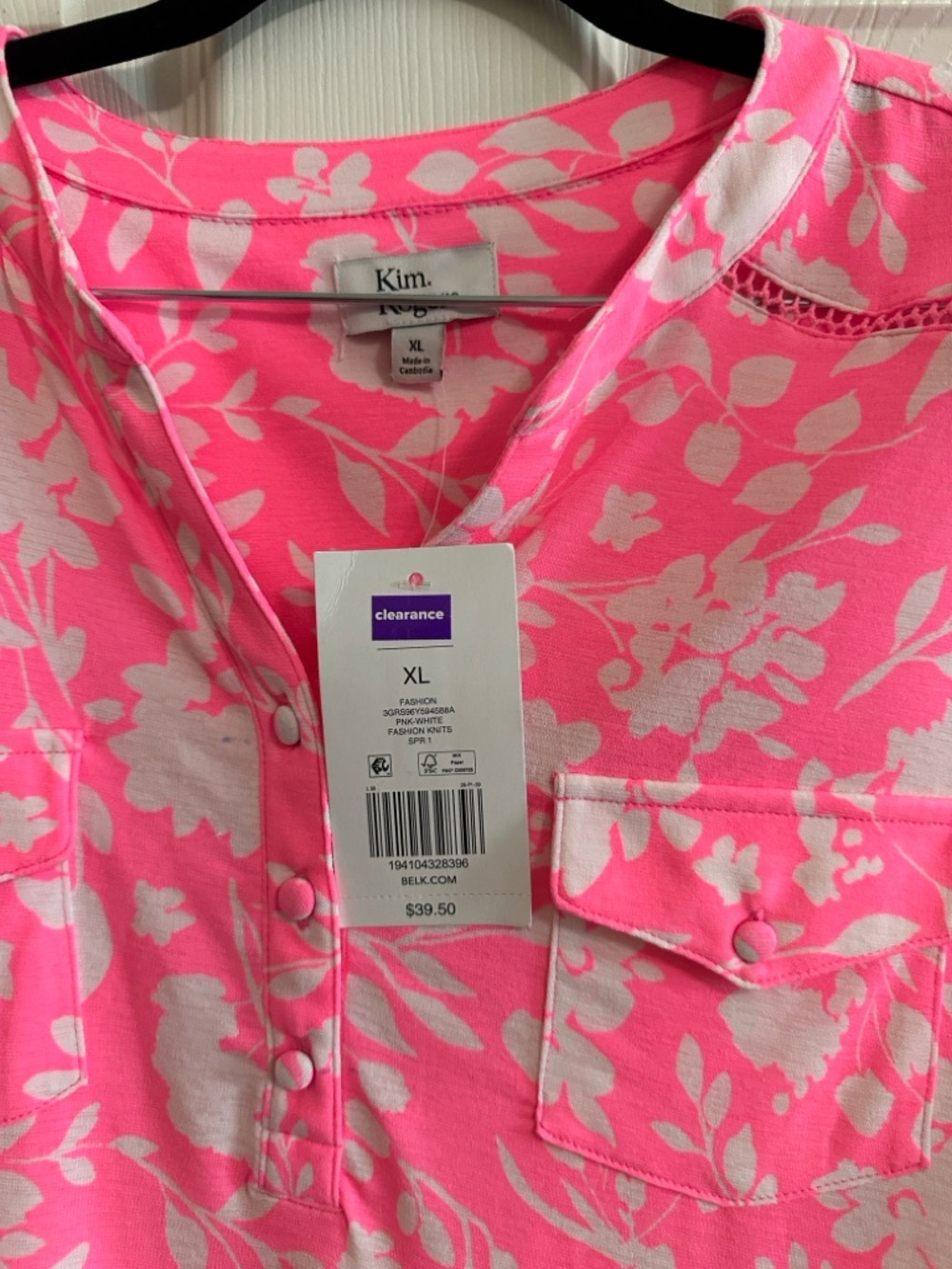 Kim Rogers Women's Pink Floral Split-Neck 3/4 Sleeve Top NWT XL - Picture 7 of 8